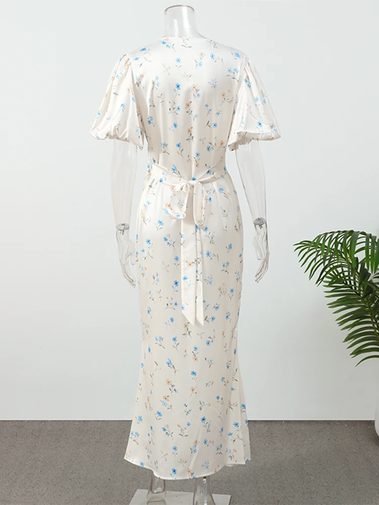Printed Floral Print Elegant Long Dress For Women Short Sleeve V Neck Fashion Slim Dress Satin Commuting Banquet Female Dress
