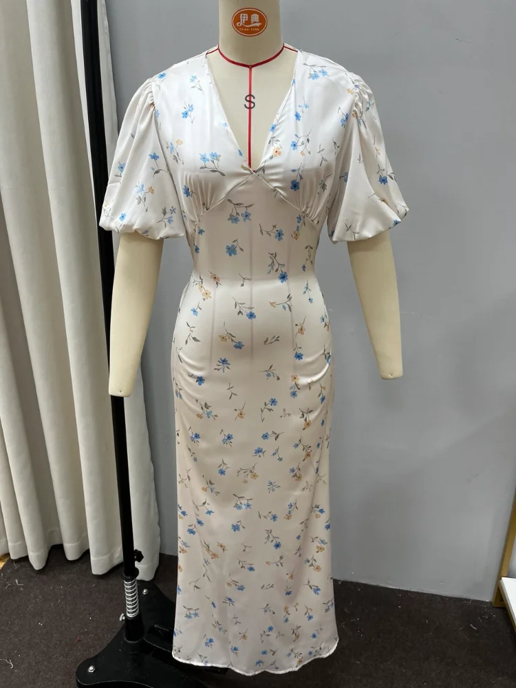 Printed Floral Print Elegant Long Dress For Women Short Sleeve V Neck Fashion Slim Dress Satin Commuting Banquet Female Dress