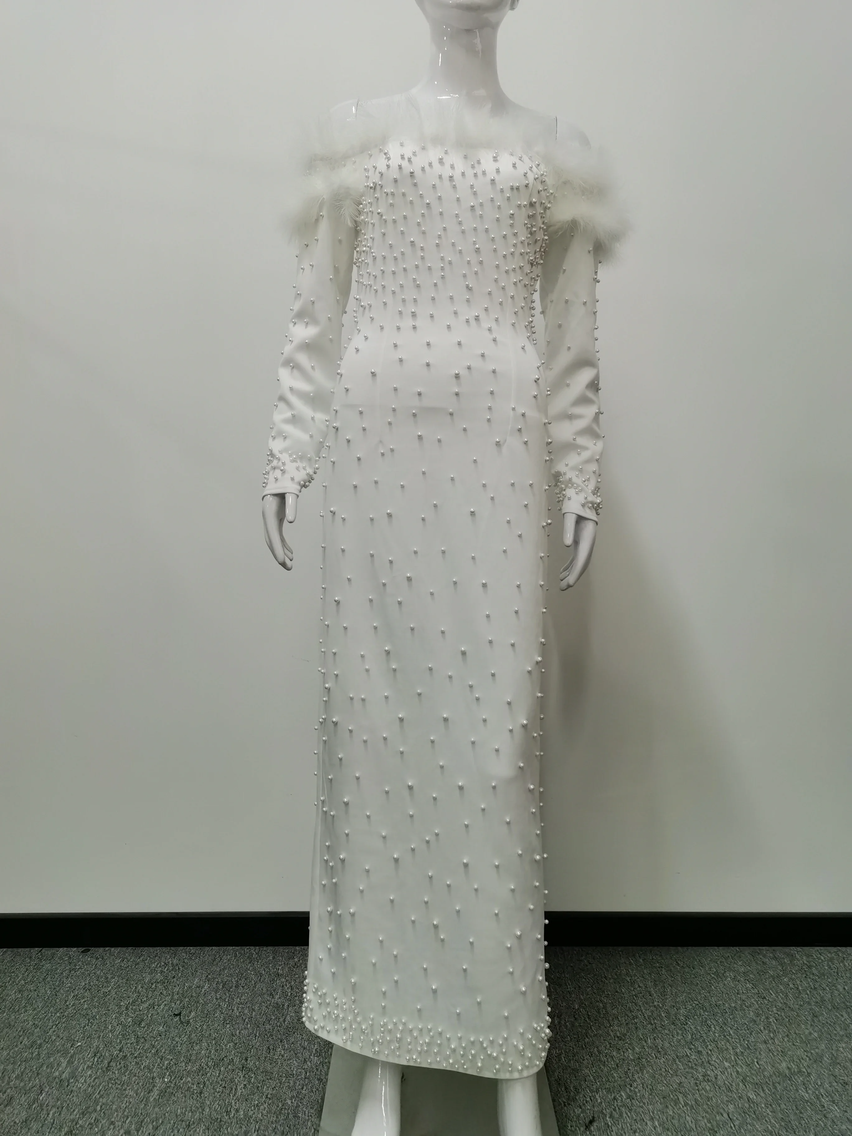 Feather White Dress Party Women Pearls Long Night Dresses High Waist Dance Wedding Prom Bridesmaid Maxi Y2k Summer Vestidos