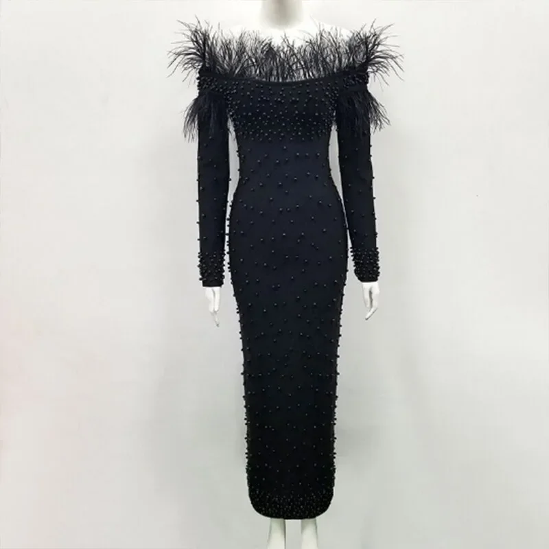 Feather White Dress Party Women Pearls Long Night Dresses High Waist Dance Wedding Prom Bridesmaid Maxi Y2k Summer Vestidos