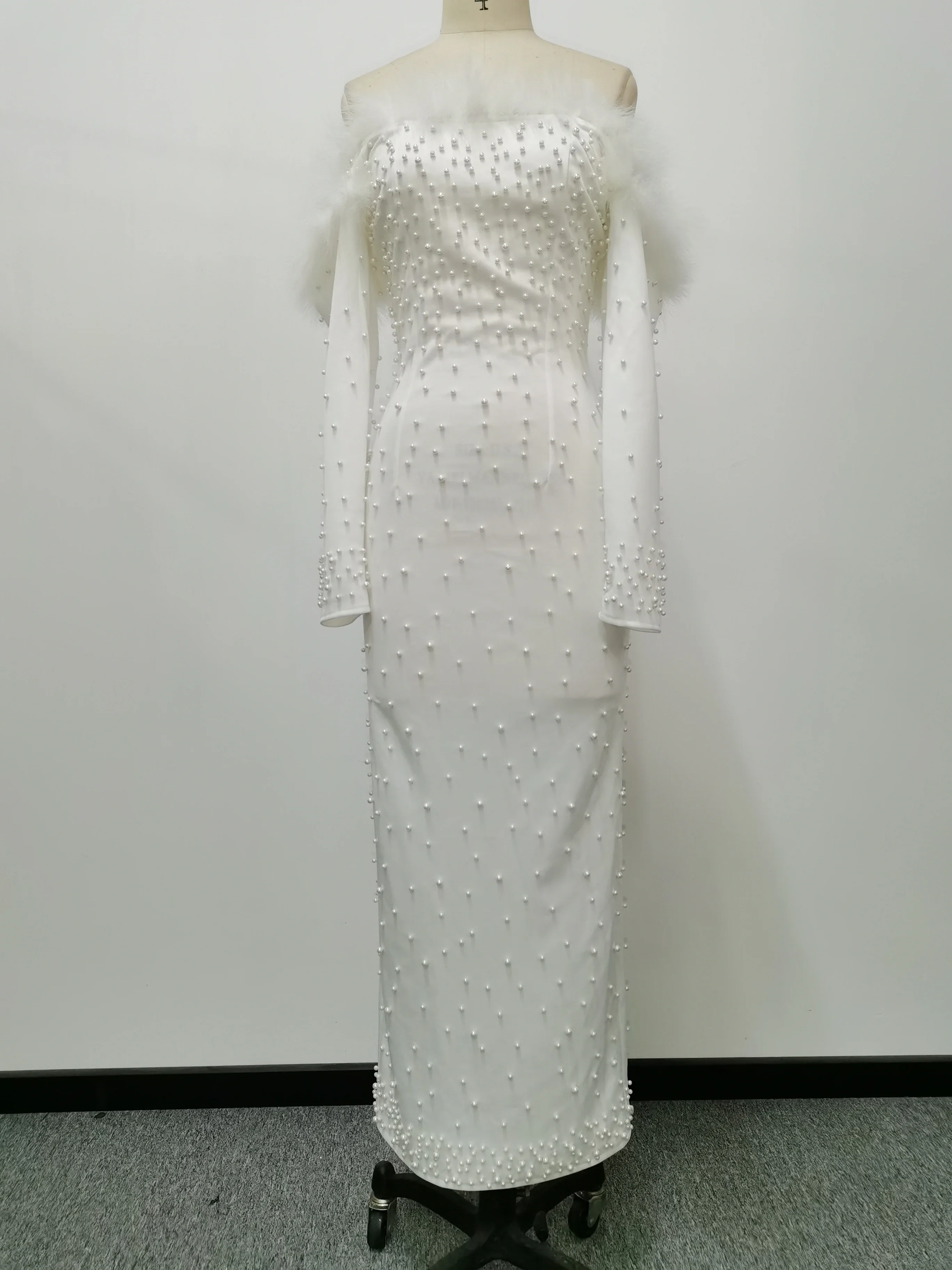 Feather White Dress Party Women Pearls Long Night Dresses High Waist Dance Wedding Prom Bridesmaid Maxi Y2k Summer Vestidos