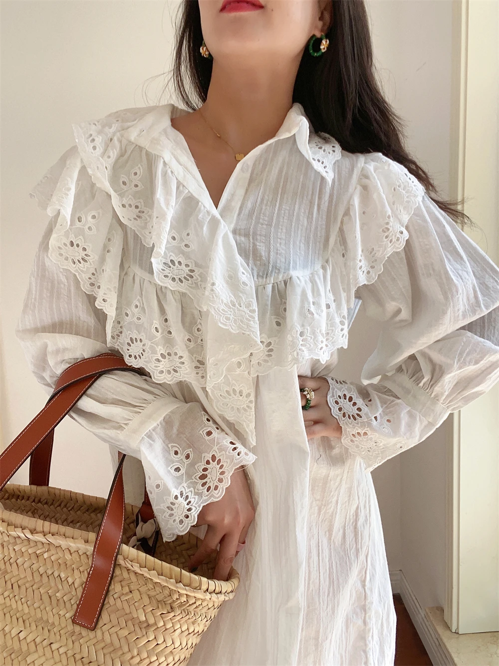 Flare Long Sleeve Ruffles Dress For Women Robe Cotton White Floral Embroidery Lace Dresses Oversize Casual Autumn Boho Vestidos
