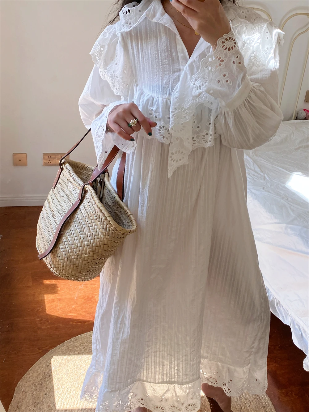 Flare Long Sleeve Ruffles Dress For Women Robe Cotton White Floral Embroidery Lace Dresses Oversize Casual Autumn Boho Vestidos