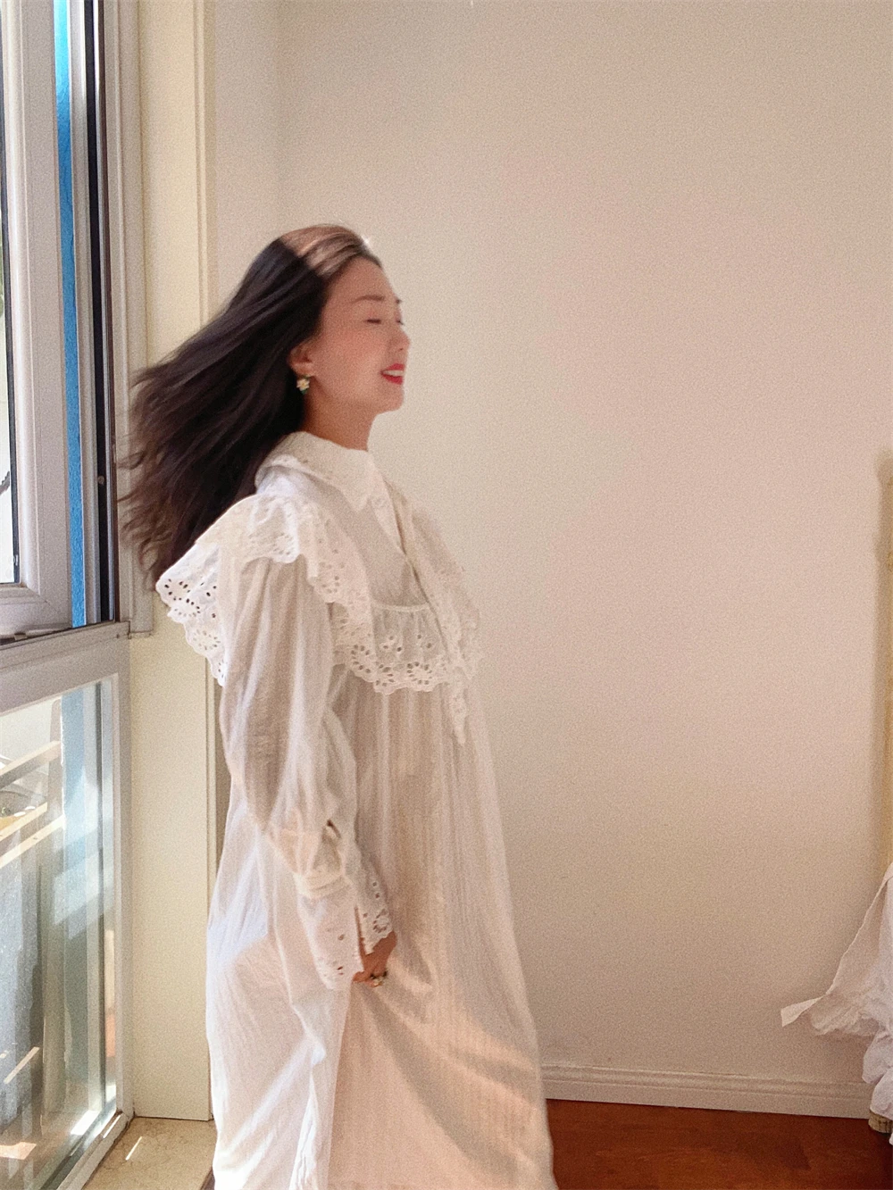 Flare Long Sleeve Ruffles Dress For Women Robe Cotton White Floral Embroidery Lace Dresses Oversize Casual Autumn Boho Vestidos
