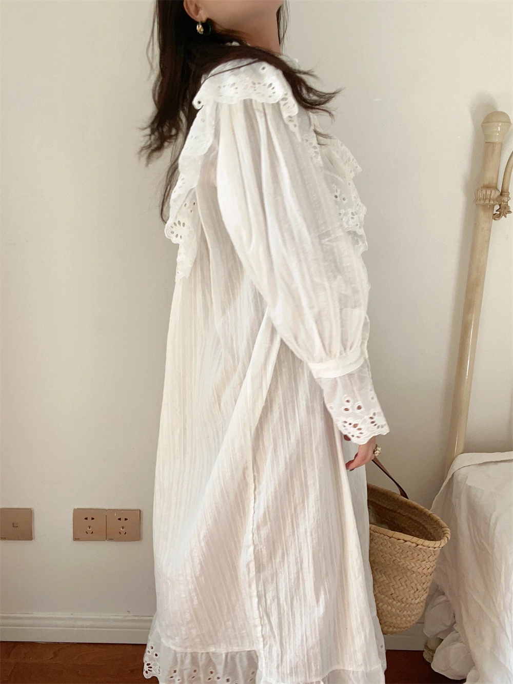 Flare Long Sleeve Ruffles Dress For Women Robe Cotton White Floral Embroidery Lace Dresses Oversize Casual Autumn Boho Vestidos