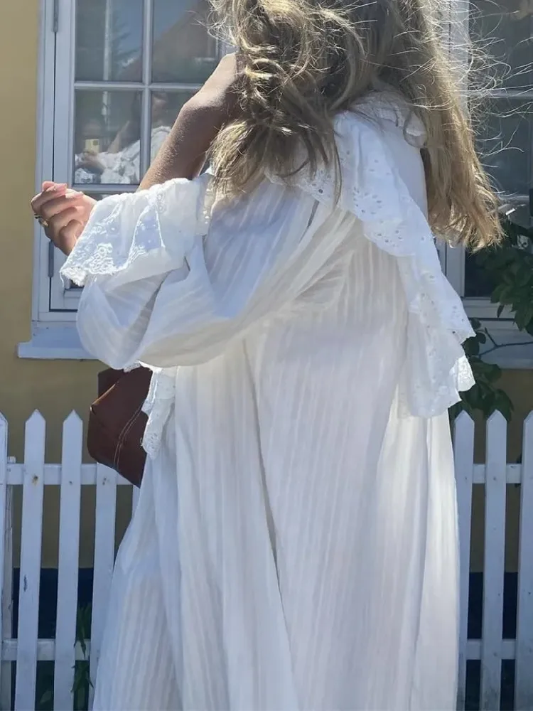 Flare Long Sleeve Ruffles Dress For Women Robe Cotton White Floral Embroidery Lace Dresses Oversize Casual Autumn Boho Vestidos