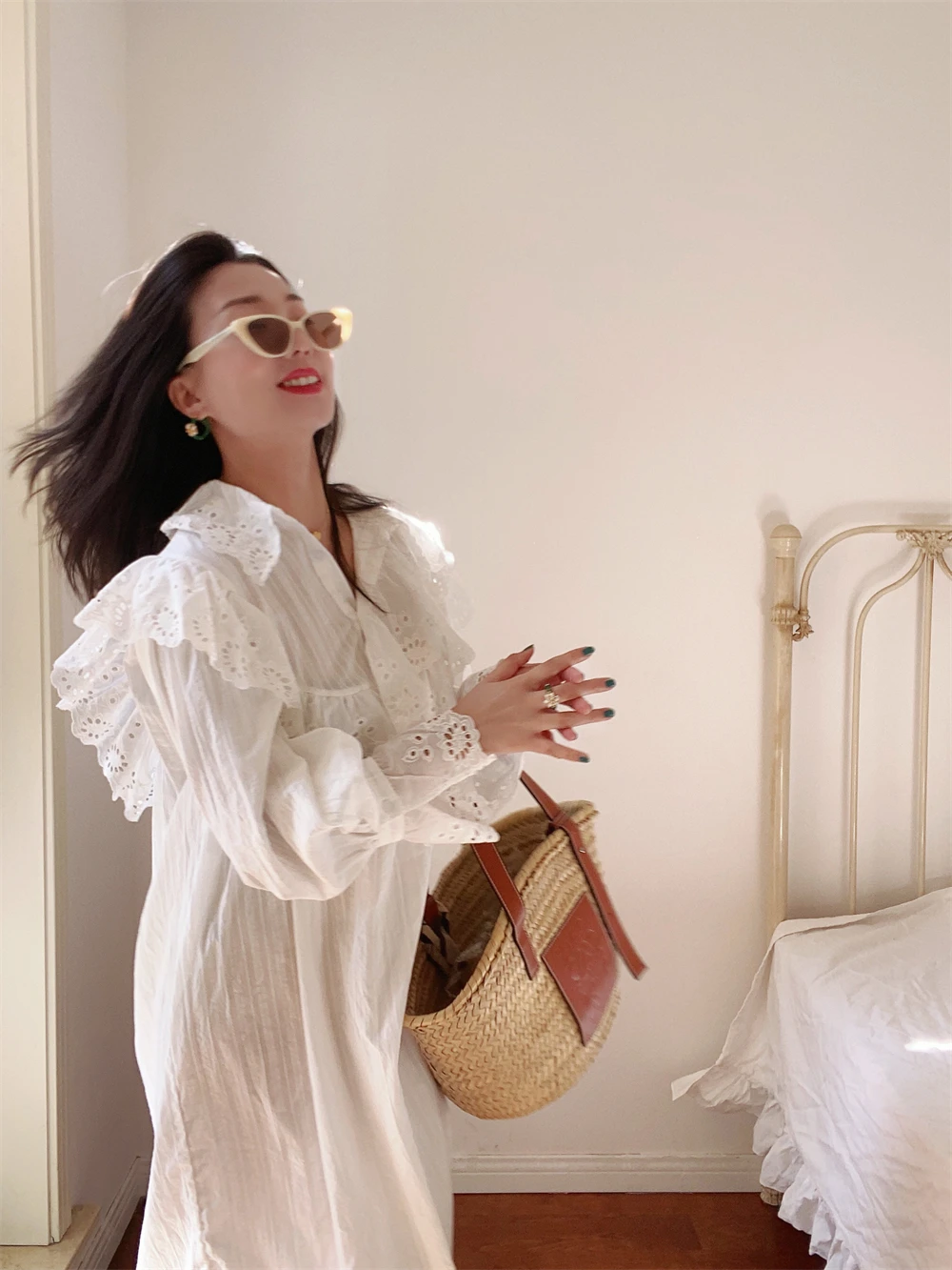 Flare Long Sleeve Ruffles Dress For Women Robe Cotton White Floral Embroidery Lace Dresses Oversize Casual Autumn Boho Vestidos