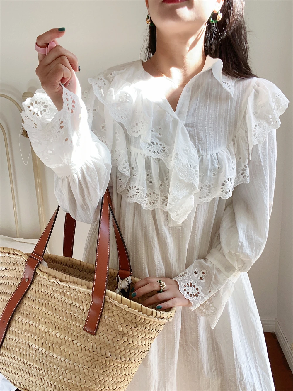 Flare Long Sleeve Ruffles Dress For Women Robe Cotton White Floral Embroidery Lace Dresses Oversize Casual Autumn Boho Vestidos