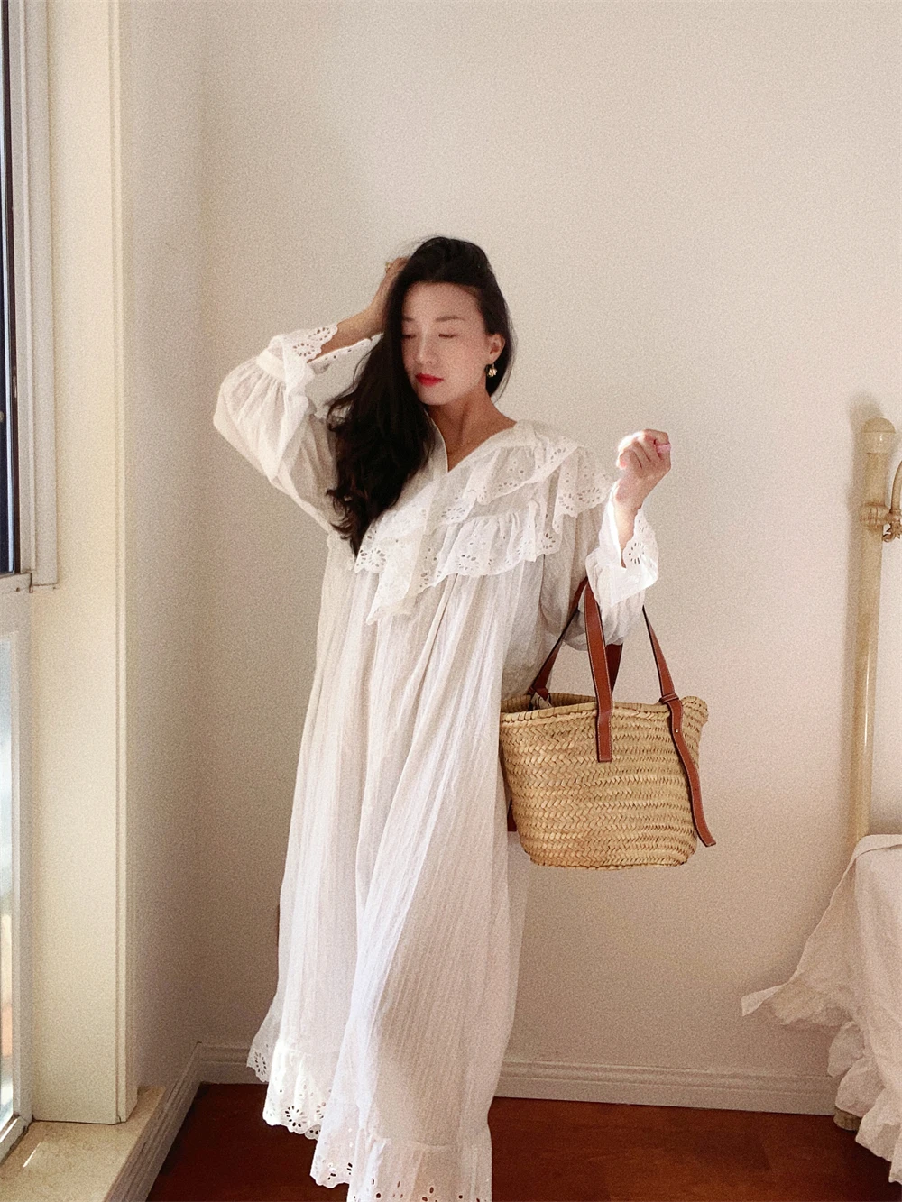 Flare Long Sleeve Ruffles Dress For Women Robe Cotton White Floral Embroidery Lace Dresses Oversize Casual Autumn Boho Vestidos