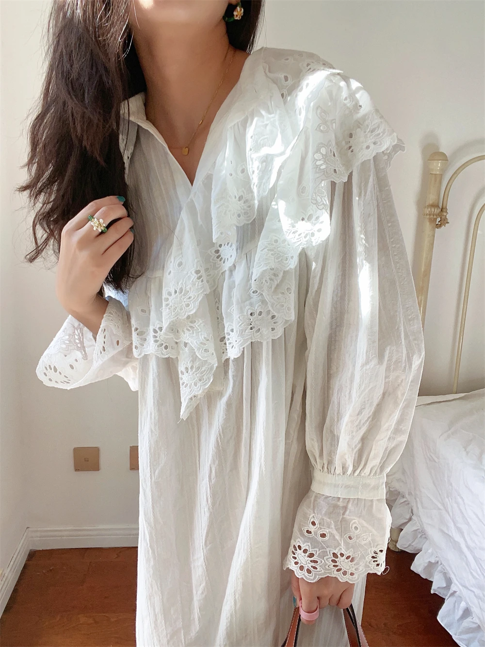 Flare Long Sleeve Ruffles Dress For Women Robe Cotton White Floral Embroidery Lace Dresses Oversize Casual Autumn Boho Vestidos
