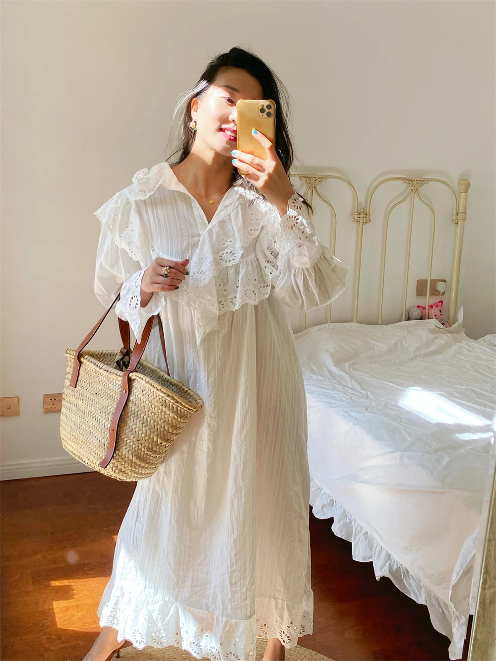 Flare Long Sleeve Ruffles Dress For Women Robe Cotton White Floral Embroidery Lace Dresses Oversize Casual Autumn Boho Vestidos