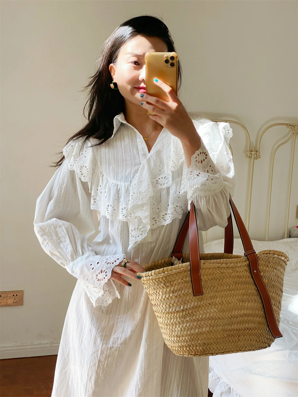 Flare Long Sleeve Ruffles Dress For Women Robe Cotton White Floral Embroidery Lace Dresses Oversize Casual Autumn Boho Vestidos