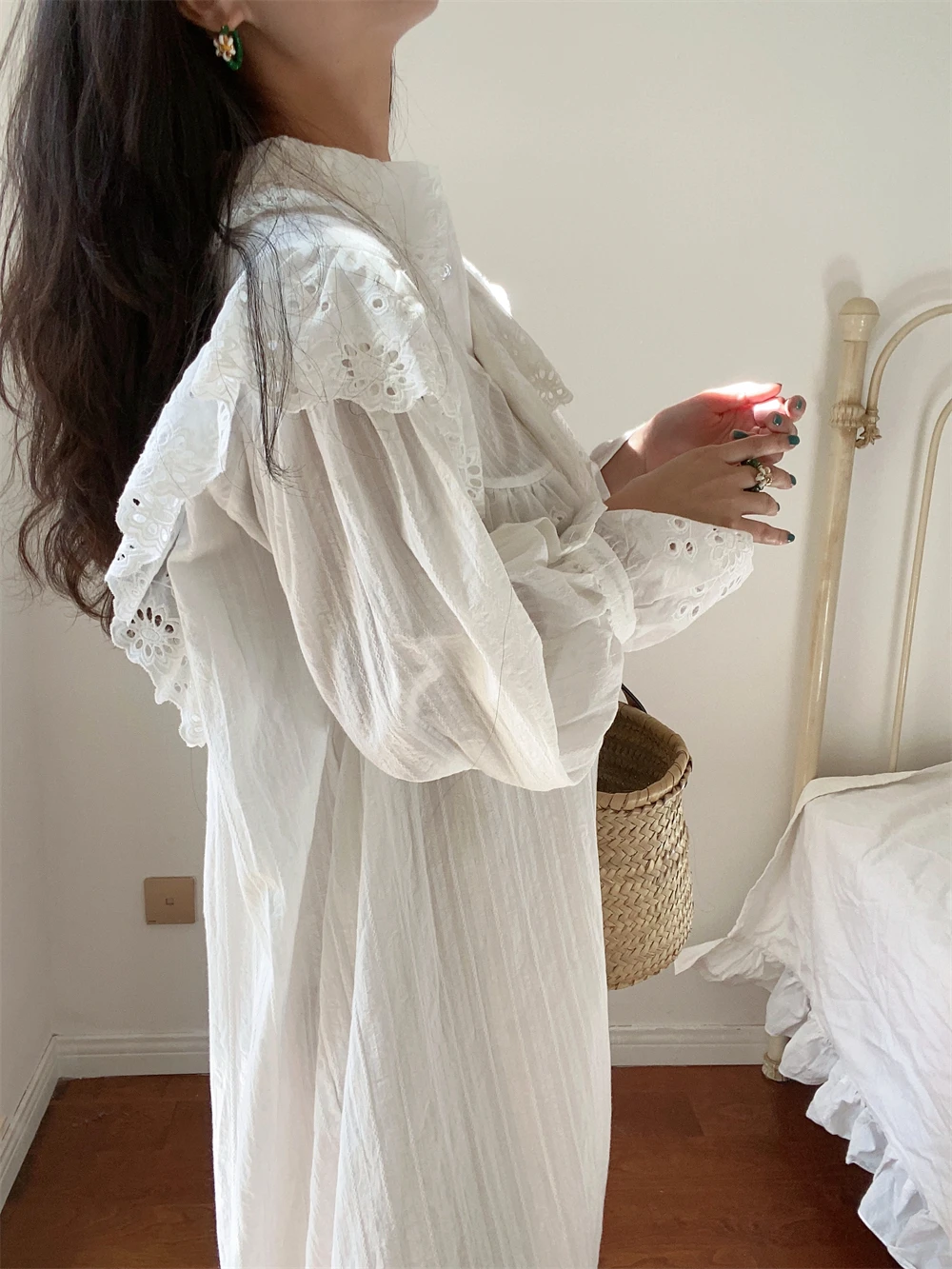 Flare Long Sleeve Ruffles Dress For Women Robe Cotton White Floral Embroidery Lace Dresses Oversize Casual Autumn Boho Vestidos