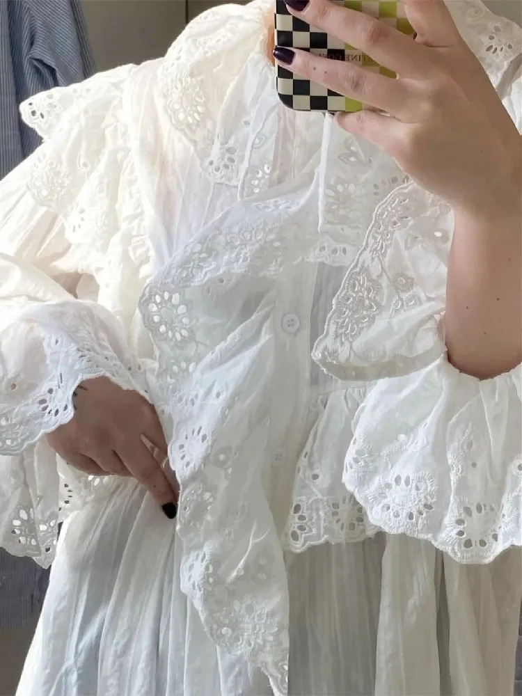 Flare Long Sleeve Ruffles Dress For Women Robe Cotton White Floral Embroidery Lace Dresses Oversize Casual Autumn Boho Vestidos