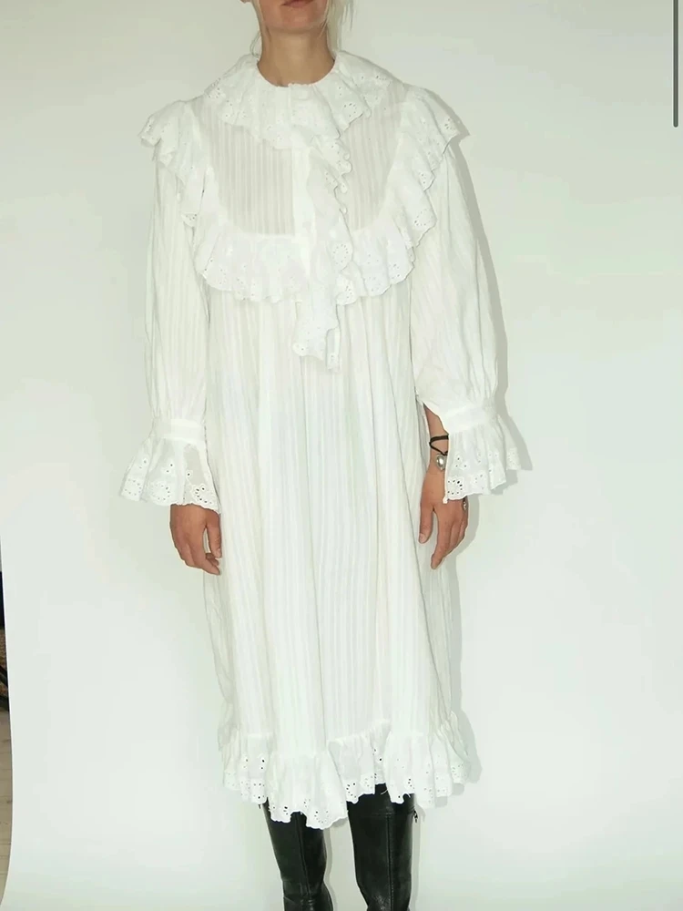 Flare Long Sleeve Ruffles Dress For Women Robe Cotton White Floral Embroidery Lace Dresses Oversize Casual Autumn Boho Vestidos