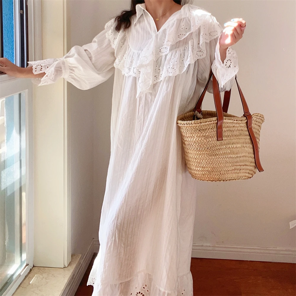 Flare Long Sleeve Ruffles Dress For Women Robe Cotton White Floral Embroidery Lace Dresses Oversize Casual Autumn Boho Vestidos