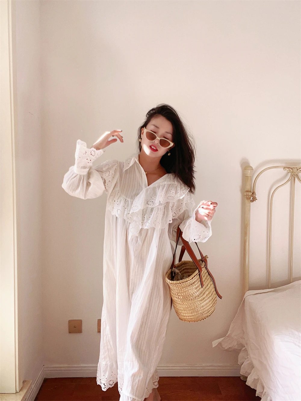 Flare Long Sleeve Ruffles Dress For Women Robe Cotton White Floral Embroidery Lace Dresses Oversize Casual Autumn Boho Vestidos