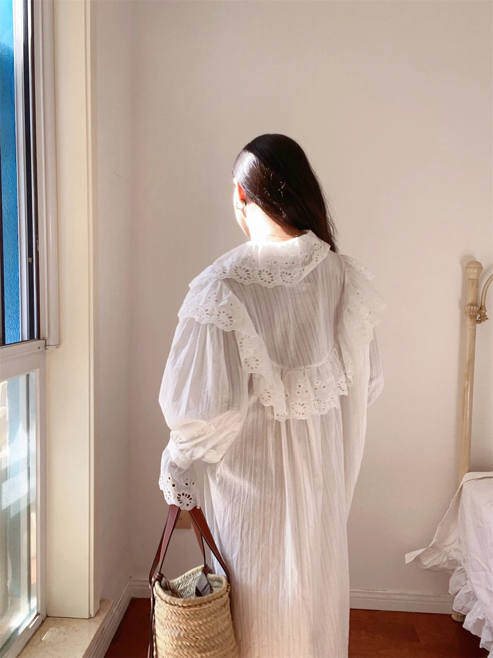 Flare Long Sleeve Ruffles Dress For Women Robe Cotton White Floral Embroidery Lace Dresses Oversize Casual Autumn Boho Vestidos
