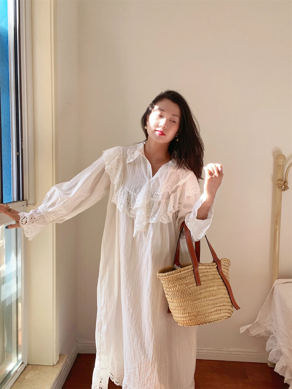 Flare Long Sleeve Ruffles Dress For Women Robe Cotton White Floral Embroidery Lace Dresses Oversize Casual Autumn Boho Vestidos
