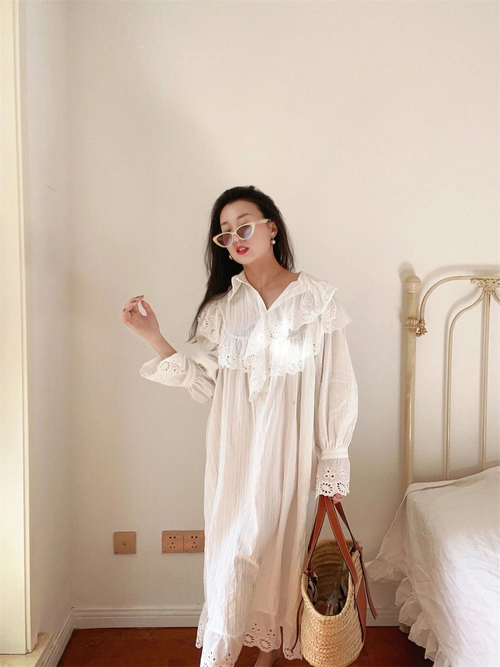 Flare Long Sleeve Ruffles Dress For Women Robe Cotton White Floral Embroidery Lace Dresses Oversize Casual Autumn Boho Vestidos