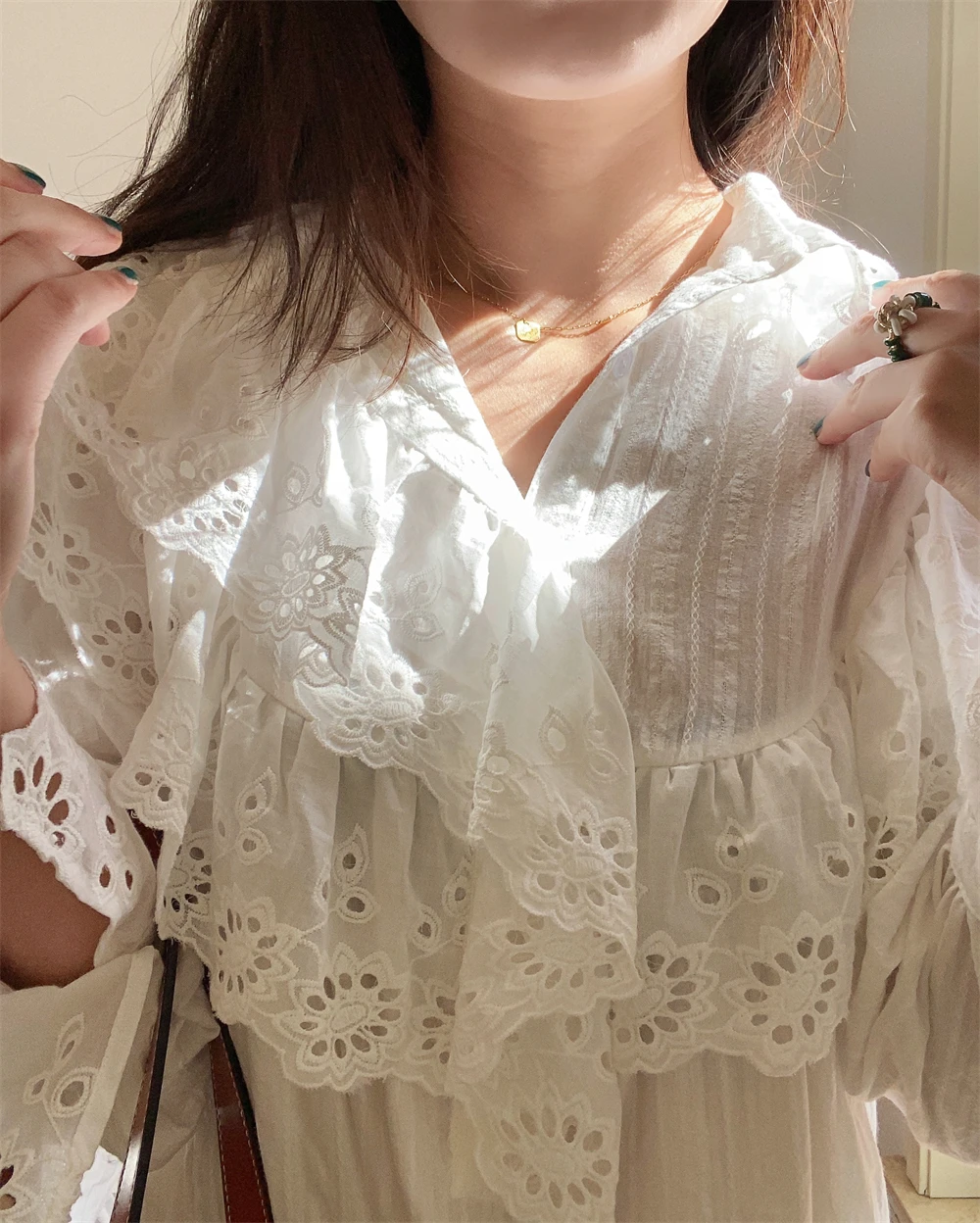 Flare Long Sleeve Ruffles Dress For Women Robe Cotton White Floral Embroidery Lace Dresses Oversize Casual Autumn Boho Vestidos