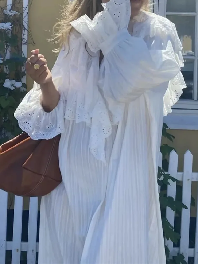 Flare Long Sleeve Ruffles Dress For Women Robe Cotton White Floral Embroidery Lace Dresses Oversize Casual Autumn Boho Vestidos