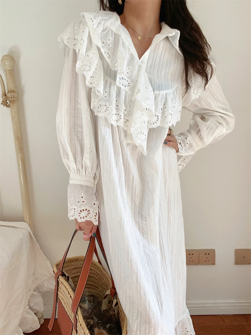 Flare Long Sleeve Ruffles Dress For Women Robe Cotton White Floral Embroidery Lace Dresses Oversize Casual Autumn Boho Vestidos