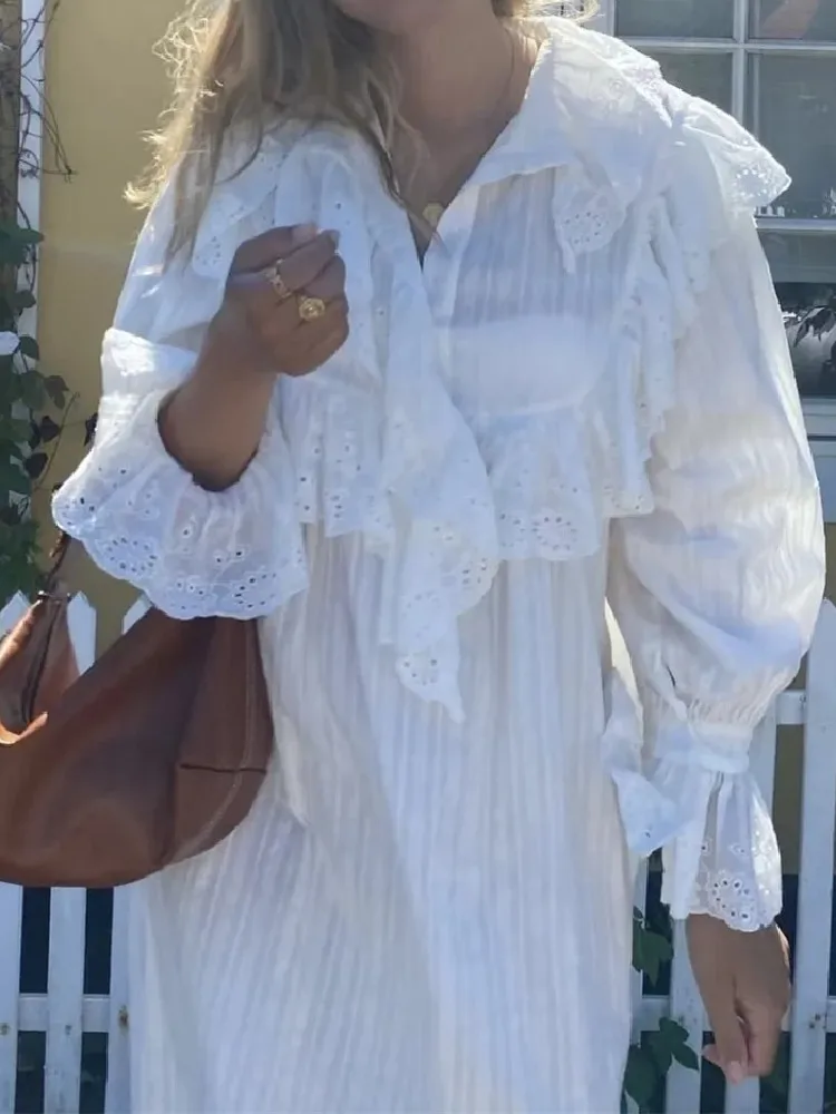 Flare Long Sleeve Ruffles Dress For Women Robe Cotton White Floral Embroidery Lace Dresses Oversize Casual Autumn Boho Vestidos