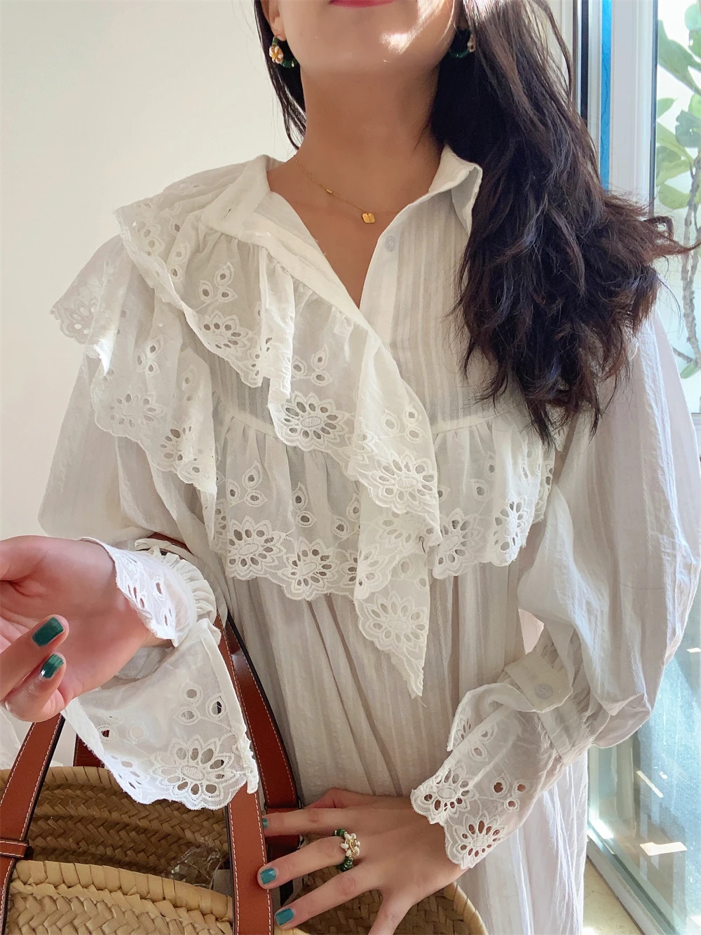 Flare Long Sleeve Ruffles Dress For Women Robe Cotton White Floral Embroidery Lace Dresses Oversize Casual Autumn Boho Vestidos