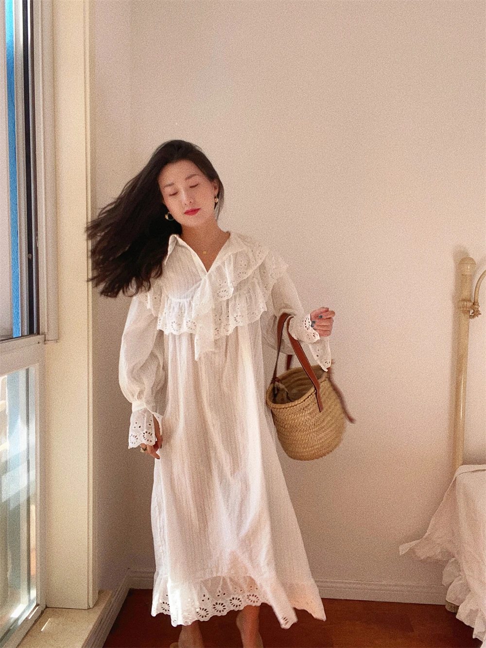 Flare Long Sleeve Ruffles Dress For Women Robe Cotton White Floral Embroidery Lace Dresses Oversize Casual Autumn Boho Vestidos