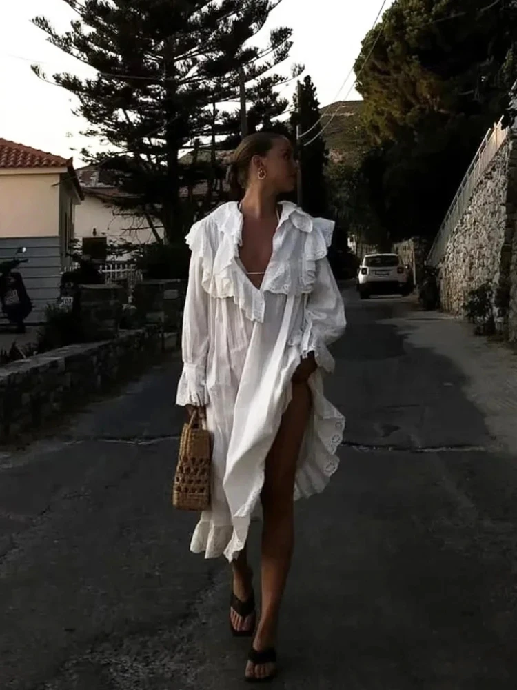 Flare Long Sleeve Ruffles Dress For Women Robe Cotton White Floral Embroidery Lace Dresses Oversize Casual Autumn Boho Vestidos