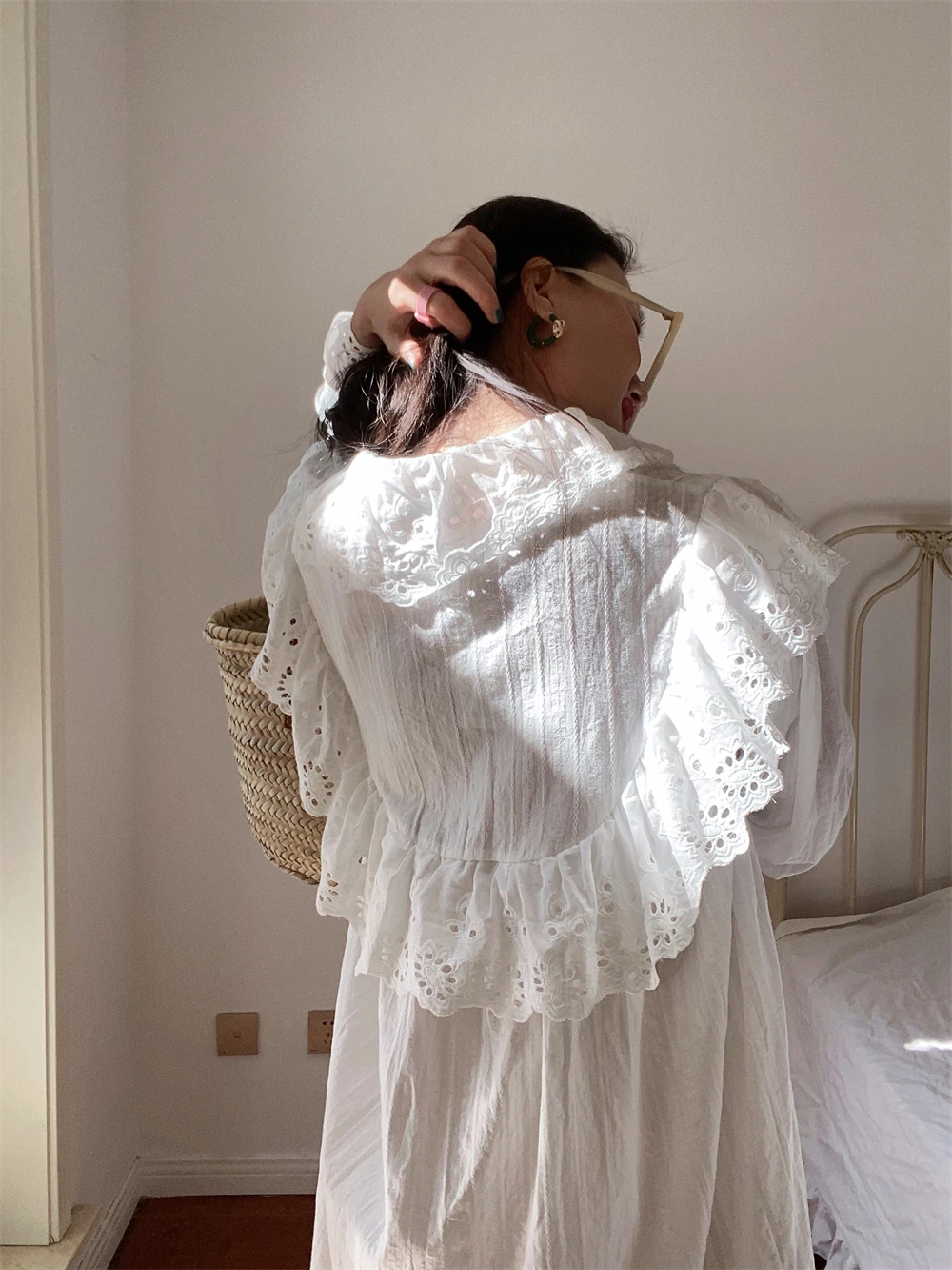 Flare Long Sleeve Ruffles Dress For Women Robe Cotton White Floral Embroidery Lace Dresses Oversize Casual Autumn Boho Vestidos