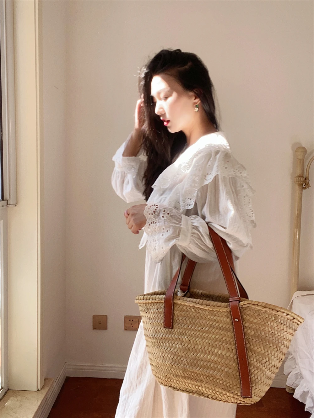 Flare Long Sleeve Ruffles Dress For Women Robe Cotton White Floral Embroidery Lace Dresses Oversize Casual Autumn Boho Vestidos
