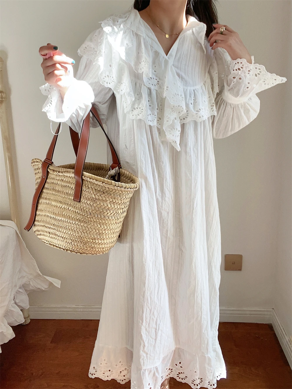 Flare Long Sleeve Ruffles Dress For Women Robe Cotton White Floral Embroidery Lace Dresses Oversize Casual Autumn Boho Vestidos