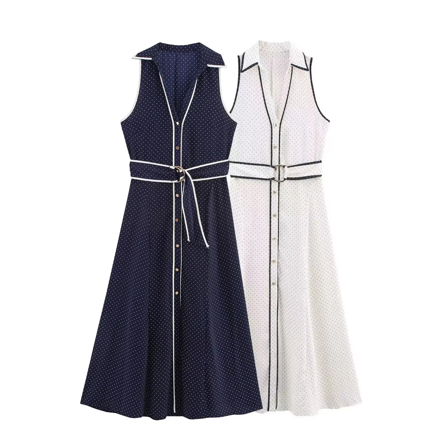 HH Woman Elegant Sleeveless Single-breasted Midi Dress Summer Female Lapel White Polka Dot Shirt Style Chart Dress Mujer