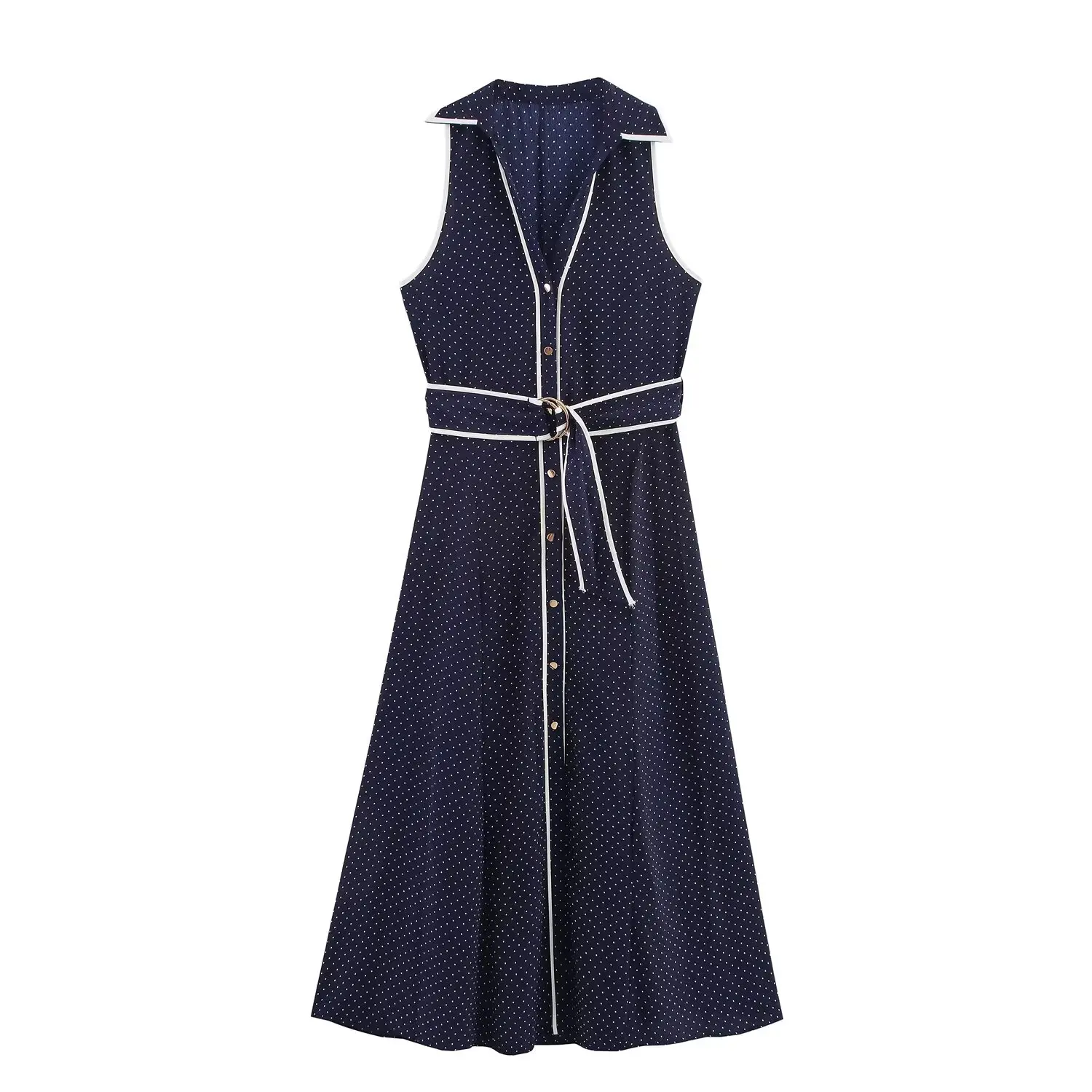 HH Woman Elegant Sleeveless Single-breasted Midi Dress Summer Female Lapel White Polka Dot Shirt Style Chart Dress Mujer