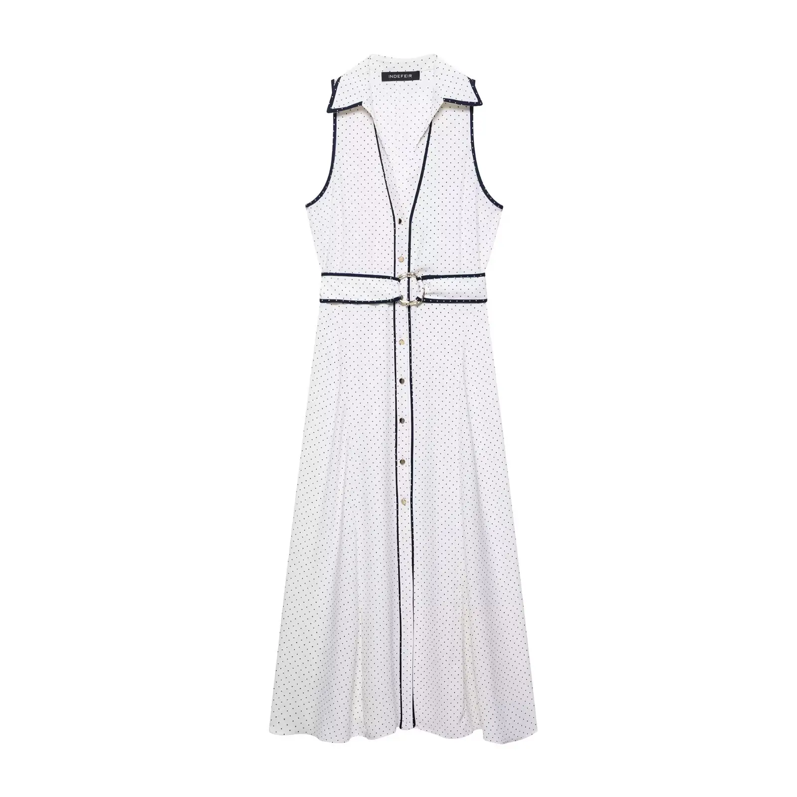 HH Woman Elegant Sleeveless Single-breasted Midi Dress Summer Female Lapel White Polka Dot Shirt Style Chart Dress Mujer