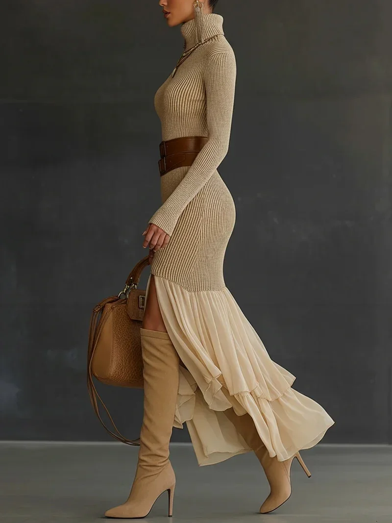 Knitted Turtleneck Dress for Women's Long Sleeve Bodycon Chiffon Patchwork Solid Elegant Autumn Casual Vintage Slim Dresses