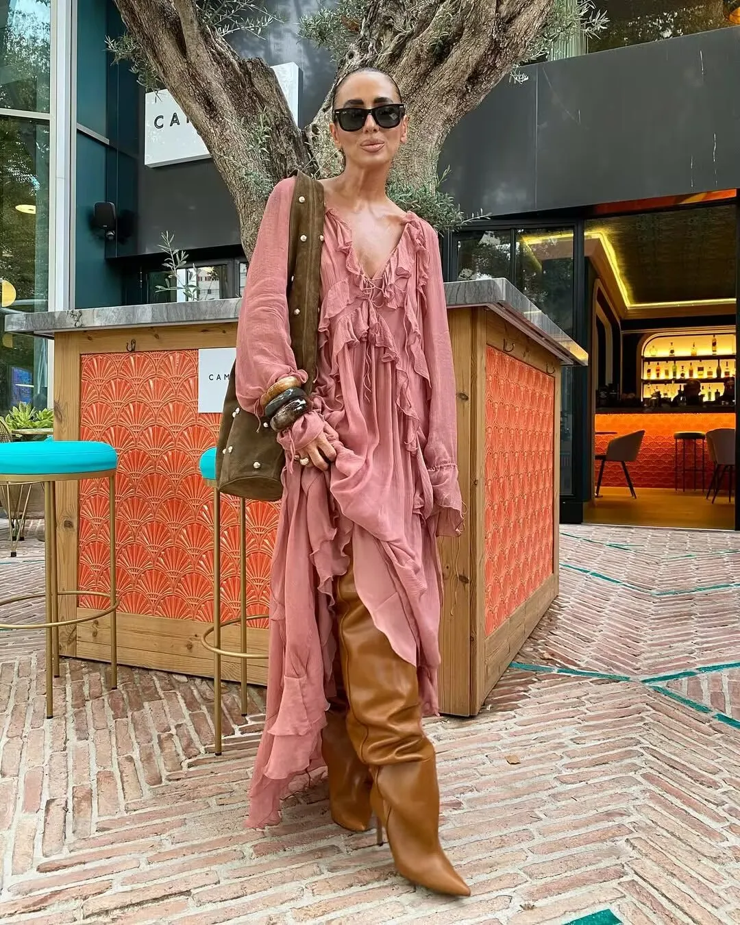 YENKYE 2025 Women Cascade Ruffles Lace Up V Neck Chiffon Long Dresses Full Sleeve A-line  Holiday Autumn Dress Maxi Vestidos