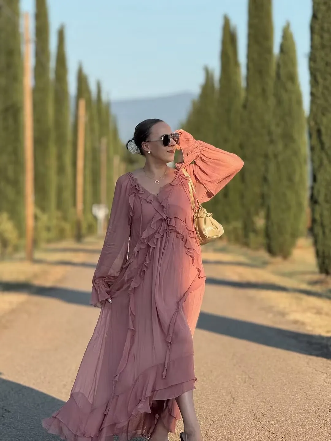 YENKYE 2025 Women Cascade Ruffles Lace Up V Neck Chiffon Long Dresses Full Sleeve A-line  Holiday Autumn Dress Maxi Vestidos