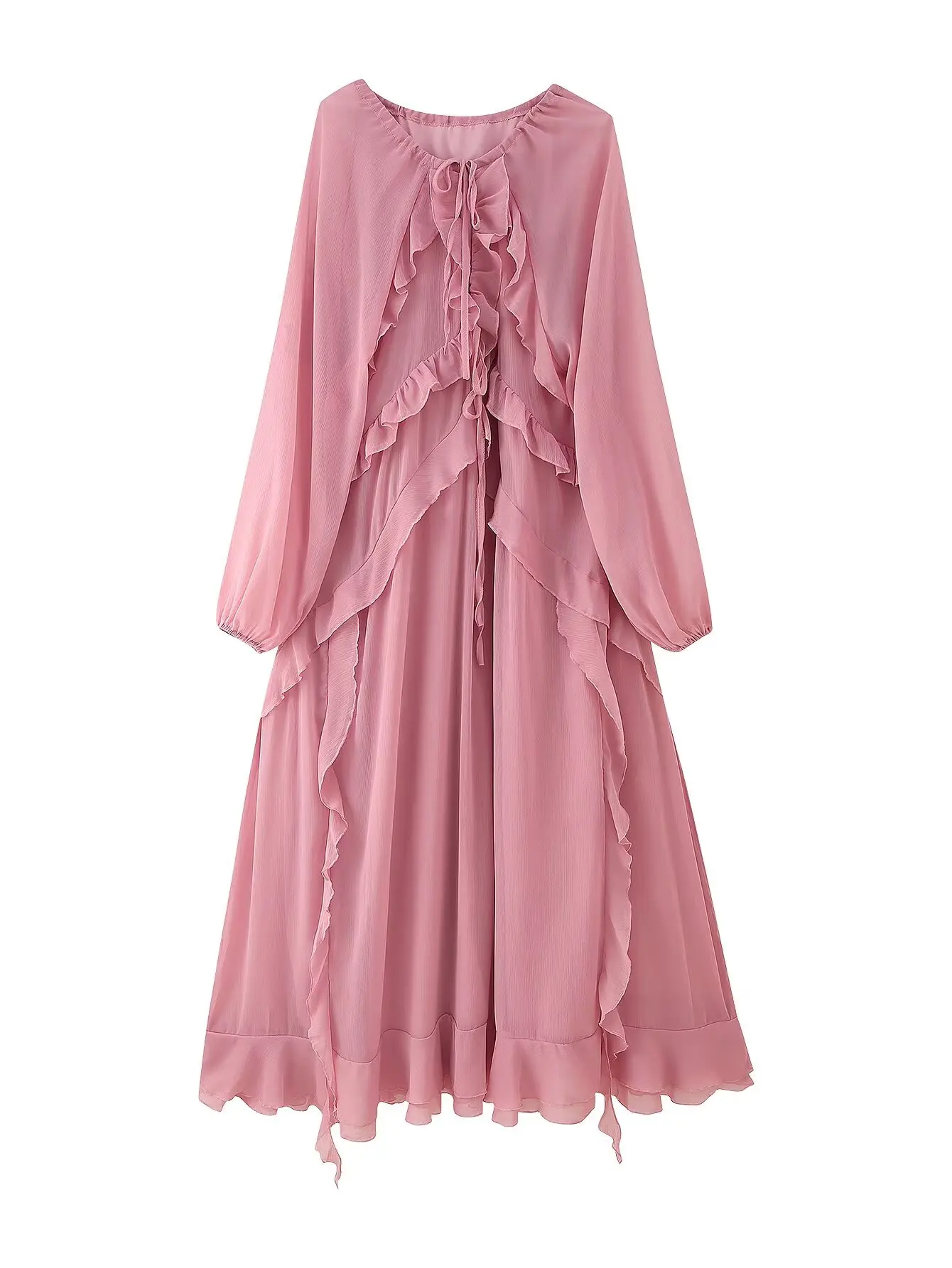 YENKYE 2025 Women Cascade Ruffles Lace Up V Neck Chiffon Long Dresses Full Sleeve A-line  Holiday Autumn Dress Maxi Vestidos