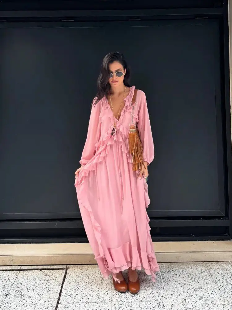 YENKYE 2025 Women Cascade Ruffles Lace Up V Neck Chiffon Long Dresses Full Sleeve A-line  Holiday Autumn Dress Maxi Vestidos