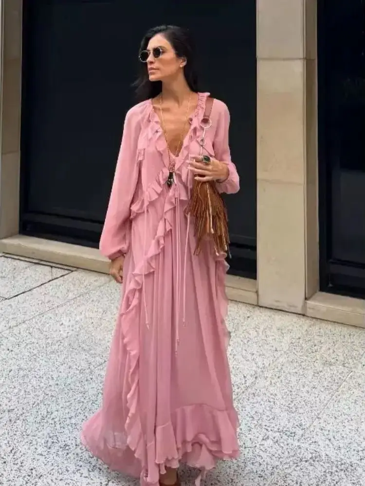 YENKYE 2025 Women Cascade Ruffles Lace Up V Neck Chiffon Long Dresses Full Sleeve A-line  Holiday Autumn Dress Maxi Vestidos