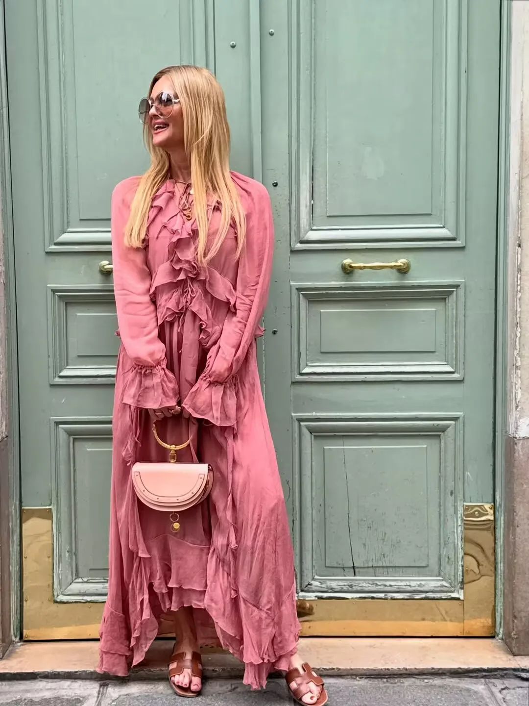 YENKYE 2025 Women Cascade Ruffles Lace Up V Neck Chiffon Long Dresses Full Sleeve A-line  Holiday Autumn Dress Maxi Vestidos