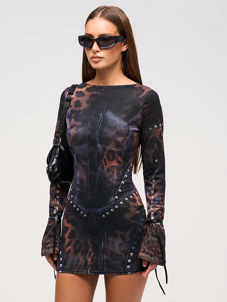 Weird Puss Patchwork Print Dress Women o-Neck Lace-Up Full Sleeve Hottie Trend Skinny Stretch Peach Hip Mini Bodycon Streetwear