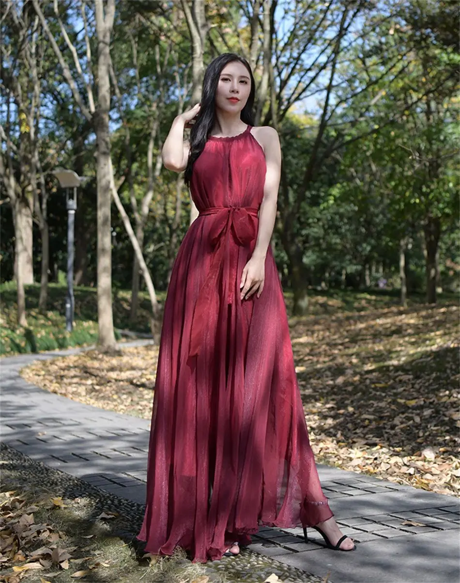 Travel Photo Desert Long Dress Women's New Summer Large Swing Chiffon Dress Elegant Belt Slimming Seaside Holiday Beach Dresses