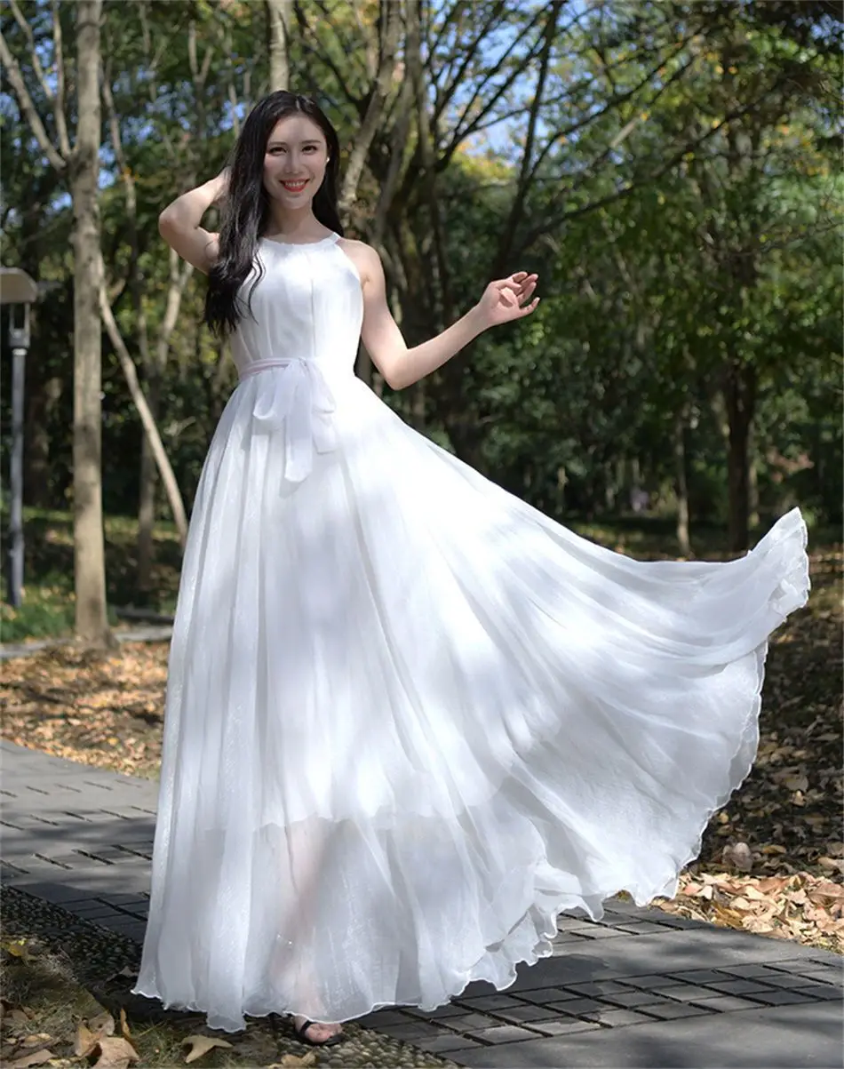 Travel Photo Desert Long Dress Women's New Summer Large Swing Chiffon Dress Elegant Belt Slimming Seaside Holiday Beach Dresses