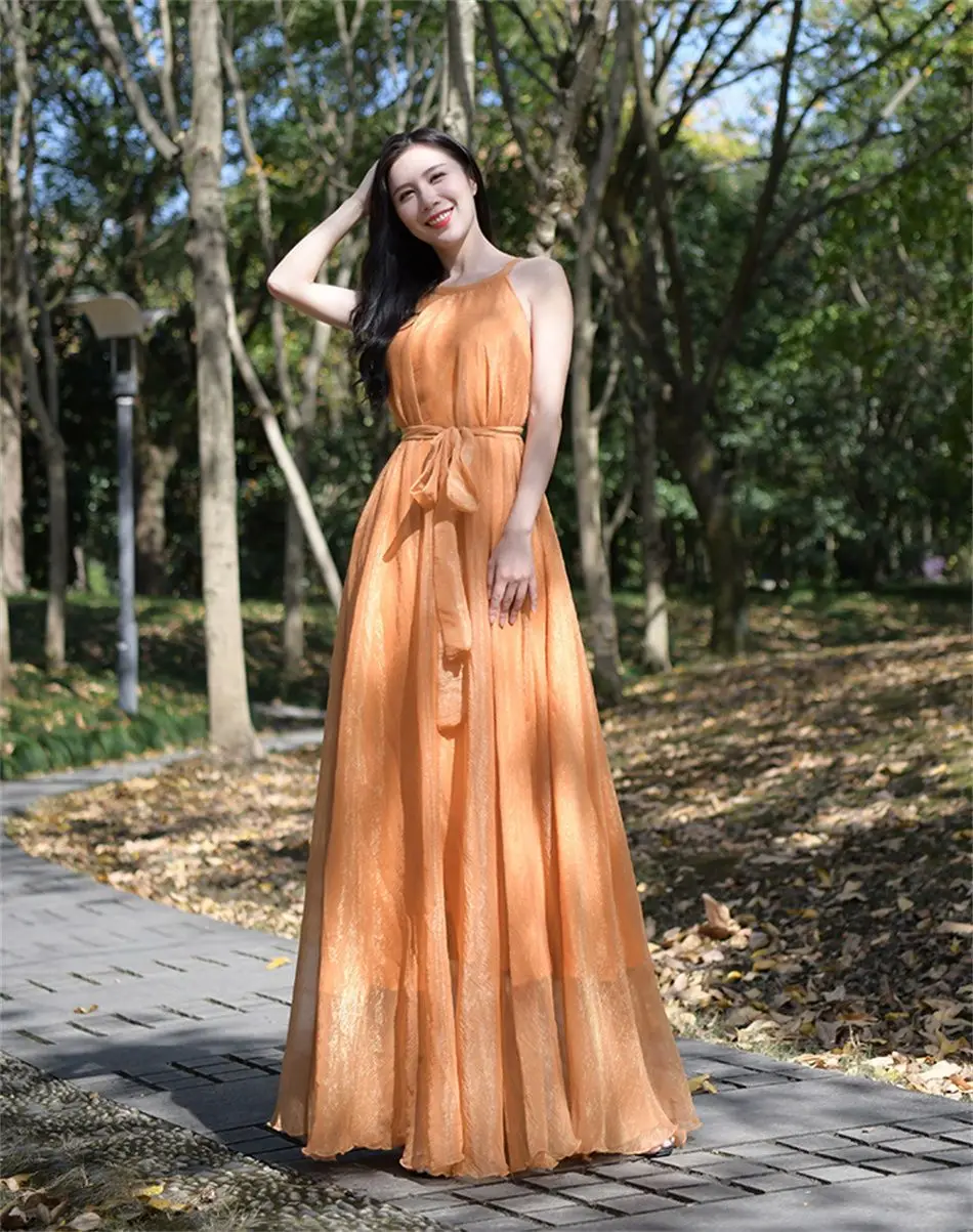 Travel Photo Desert Long Dress Women's New Summer Large Swing Chiffon Dress Elegant Belt Slimming Seaside Holiday Beach Dresses