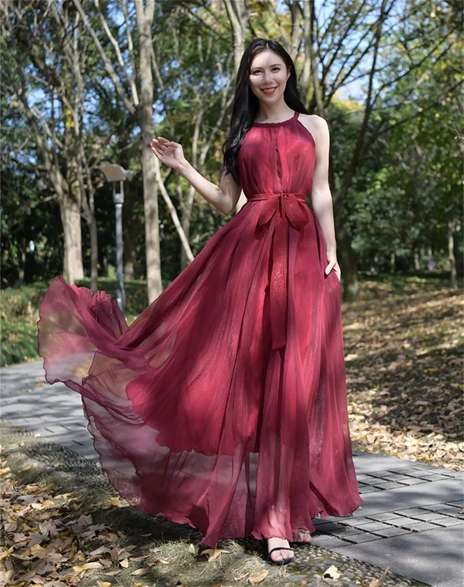 Travel Photo Desert Long Dress Women's New Summer Large Swing Chiffon Dress Elegant Belt Slimming Seaside Holiday Beach Dresses