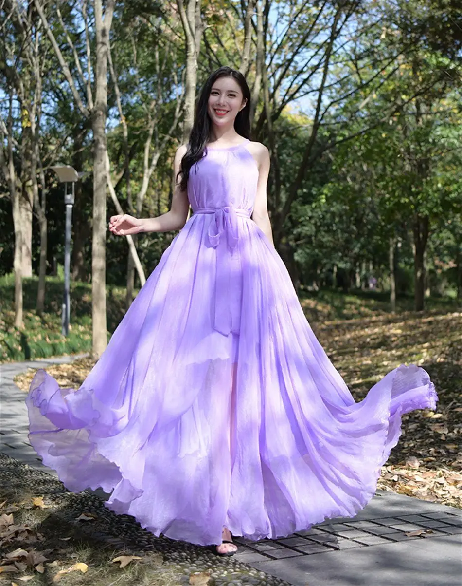 Travel Photo Desert Long Dress Women's New Summer Large Swing Chiffon Dress Elegant Belt Slimming Seaside Holiday Beach Dresses